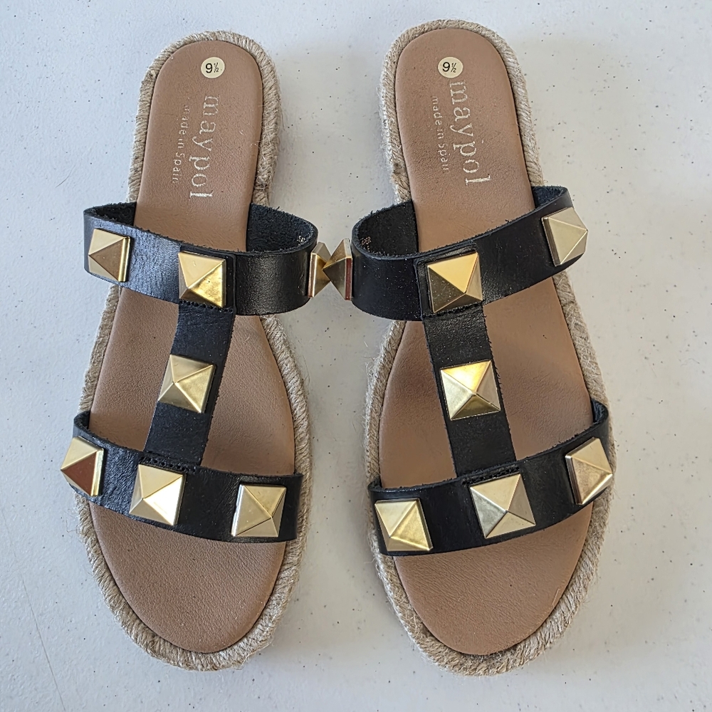 Maypol Raffia Trim Studded Leather Sandal Size 9.5 EU 41 Open Toe Slip-on Summer - Picture 2 of 13